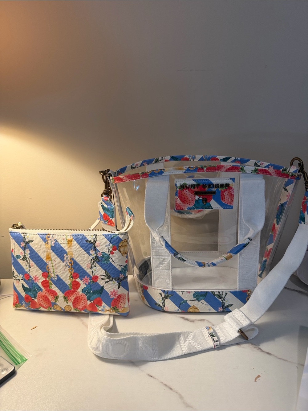 Kurt Geiger Clear Tote with Blue Stripe & Strawberry Print